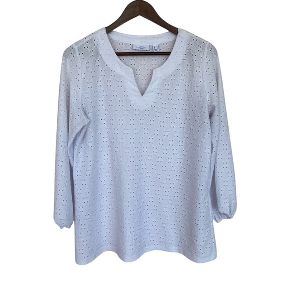 Susan Graver Passport White Eyelet 3/4 Sleeve Blouse Sz Medium